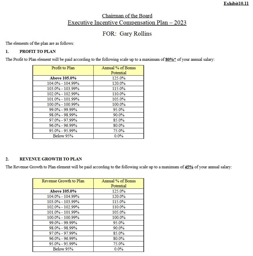 ROL - Gary Rollins Executive Incentive Compensation Plan - 2023