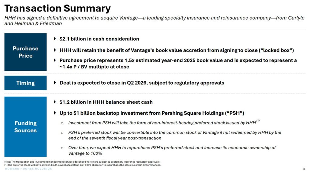 HHH - Transaction Summary of Proposed Vantage Acquisition