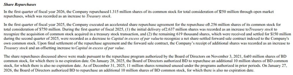 BDX - Share Repurchases Q1 2026 Form 10-Q